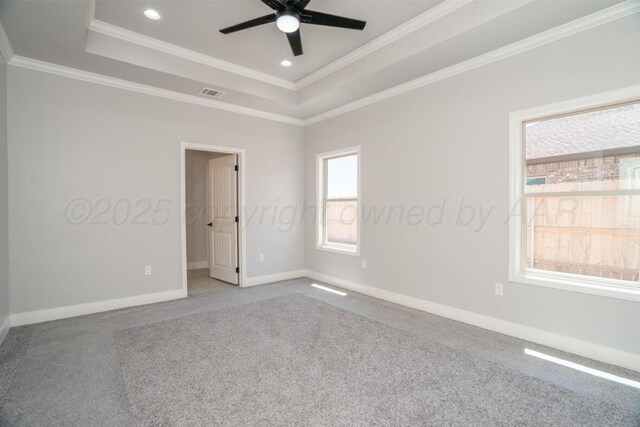 719 Prairie Ave, Dumas, TX 79029 - unfurnished room featuring carpet flooring, a tray ceiling, ceiling fan, crown molding, and baseboards