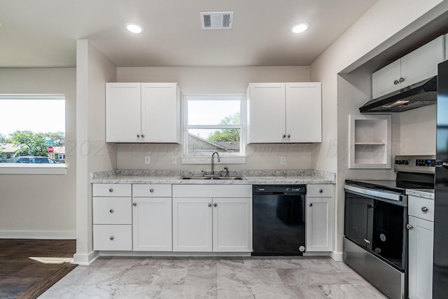 kitchen with sink, light stone countertops, stainless steel range with electric cooktop, white cabinets, and dishwasher