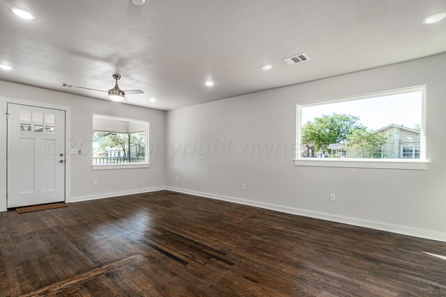 interior space with ceiling fan, a wealth of natural light, and dark hardwood / wood-style floors