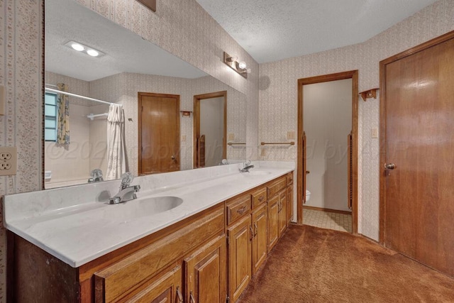 105 Pinehurst St, Borger, TX 79007 - bathroom with wallpapered walls, toilet, a textured ceiling, curtained shower, and double vanity
