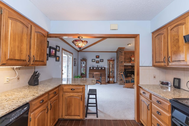7919 Mitcham Dr, Amarillo, TX 79121 - kitchen with black dishwasher, a peninsula, light stone countertops, dark wood-style flooring, and brown cabinets