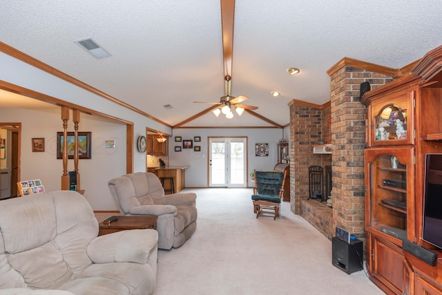 7919 Mitcham Dr, Amarillo, TX 79121 - living room with a brick fireplace, a ceiling fan, light carpet, crown molding, and vaulted ceiling