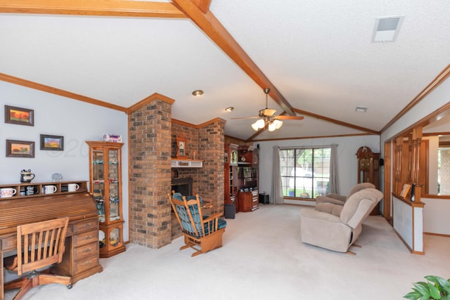 7919 Mitcham Dr, Amarillo, TX 79121 - living room featuring carpet floors, ornamental molding, a brick fireplace, and a ceiling fan