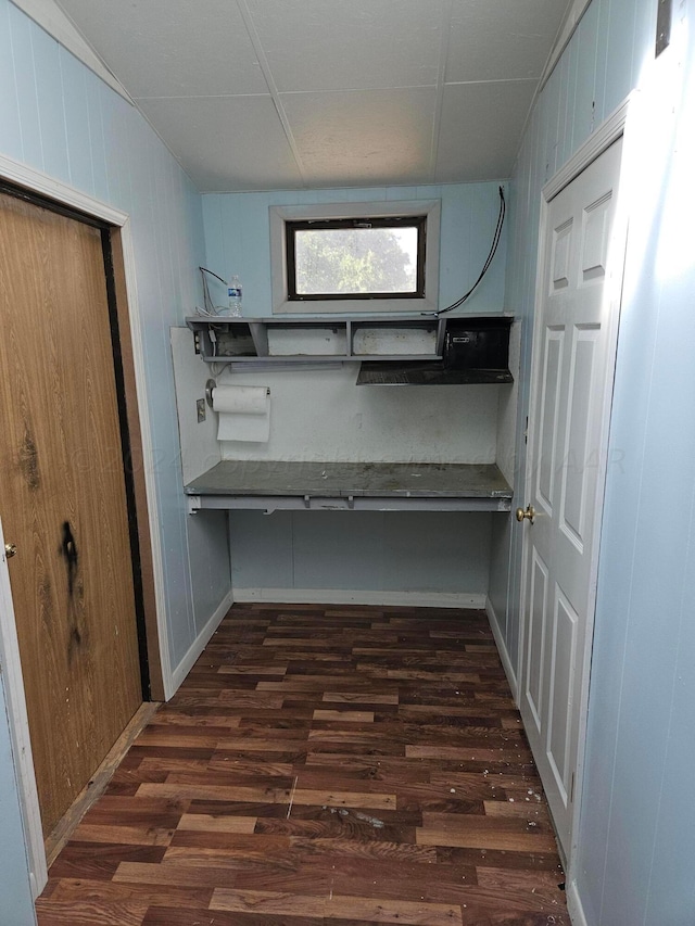 basement featuring wood walls and dark hardwood / wood-style floors