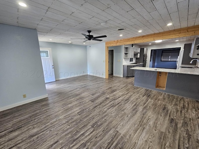 kitchen featuring kitchen peninsula, ceiling fan, sink, and dark hardwood / wood-style flooring