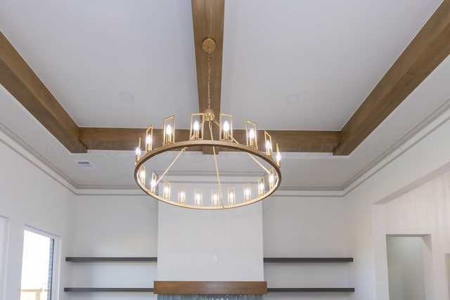 room details with crown molding, a chandelier, and visible vents