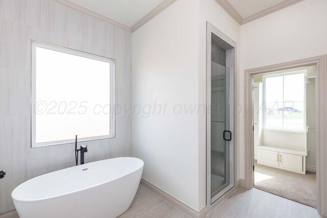 full bath with a shower stall, ornamental molding, and a freestanding tub