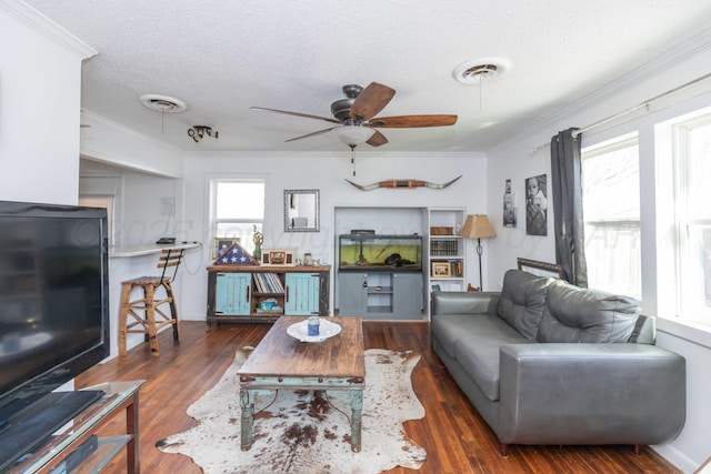 living area with a textured ceiling, visible vents, dark wood-type flooring, and ornamental molding