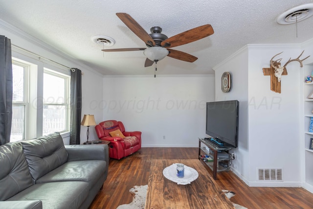 living area with dark wood-style floors and visible vents