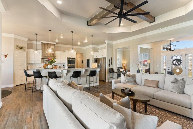 9111 Highland Springs Dr, Amarillo, TX 79119 - living area featuring recessed lighting, a ceiling fan, dark wood finished floors, and beamed ceiling