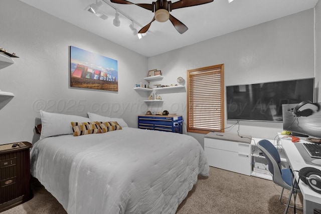 carpeted bedroom with a ceiling fan and visible vents
