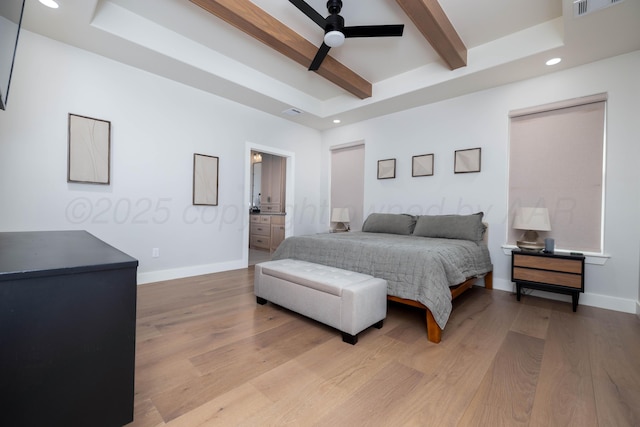 bedroom featuring beamed ceiling, light wood-style flooring, baseboards, visible vents, and recessed lighting