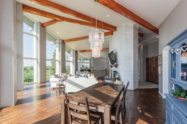 2 Altamira St, Borger, TX 79007 - dining space with beamed ceiling, healthy amount of natural light, a chandelier, hardwood / wood-style flooring, and high vaulted ceiling