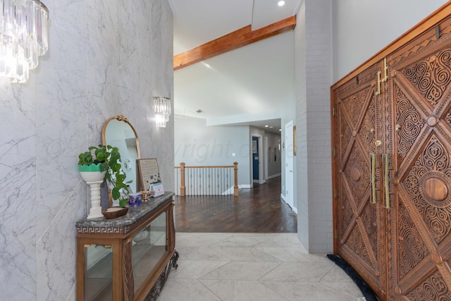 2 Altamira St, Borger, TX 79007 - hall featuring recessed lighting, beam ceiling, and an upstairs landing
