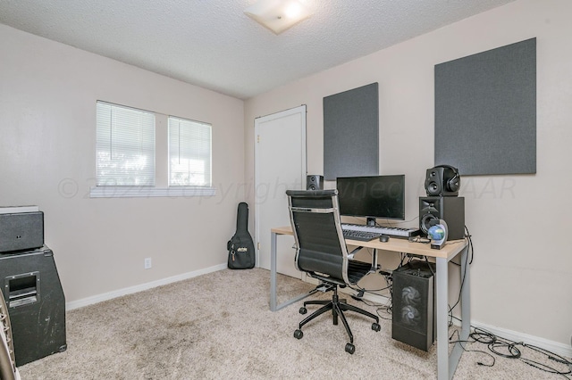 office with light colored carpet and a textured ceiling