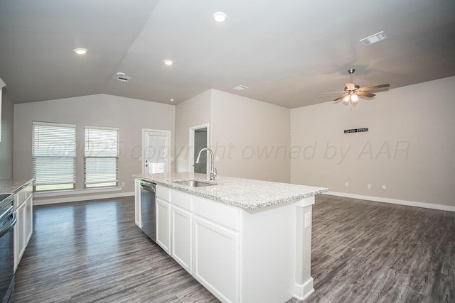 7200 Athens St, Amarillo, TX 79118 - kitchen with stainless steel dishwasher, dark wood-style flooring, ceiling fan, a center island with sink, and lofted ceiling