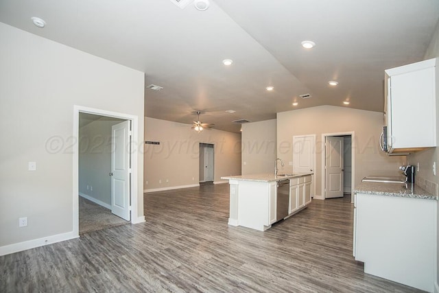 7200 Athens St, Amarillo, TX 79118 - kitchen featuring open floor plan, appliances with stainless steel finishes, dark wood-style floors, white cabinets, and ceiling fan