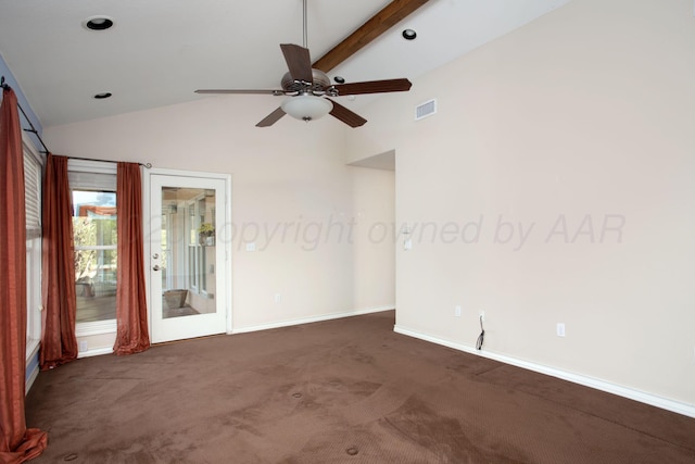 103 N Timbercreek Dr, Amarillo, TX 79118 - carpeted empty room with baseboards, visible vents, high vaulted ceiling, and ceiling fan
