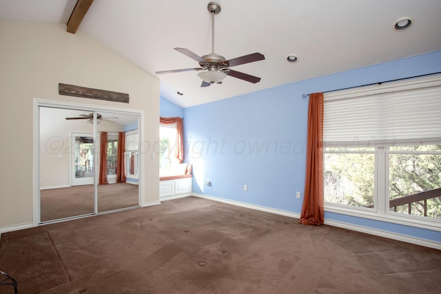 103 N Timbercreek Dr, Amarillo, TX 79118 - unfurnished bedroom with baseboards, a ceiling fan, carpet flooring, and vaulted ceiling with beams