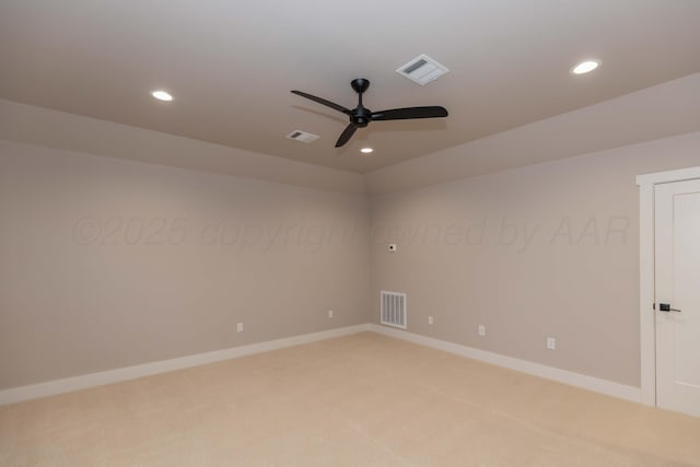 spare room featuring ceiling fan, recessed lighting, and visible vents