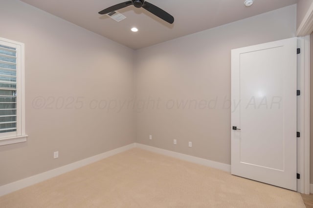 carpeted empty room with baseboards, recessed lighting, and ceiling fan