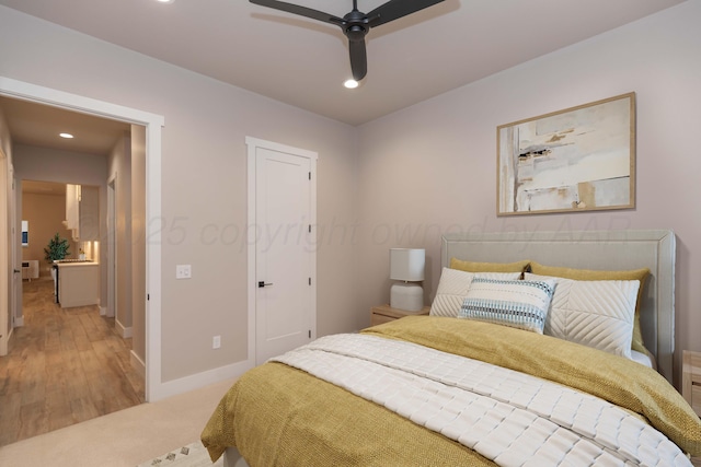 bedroom with baseboards, a ceiling fan, recessed lighting, and light colored carpet