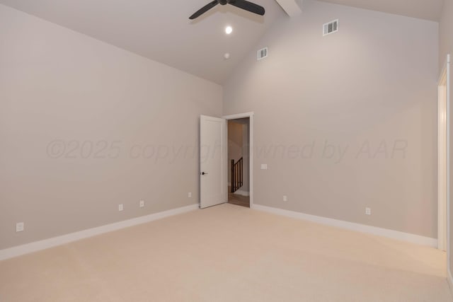 unfurnished room with ceiling fan, visible vents, high vaulted ceiling, beamed ceiling, and light carpet