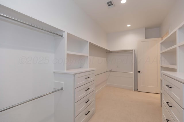 spacious closet with light colored carpet and visible vents