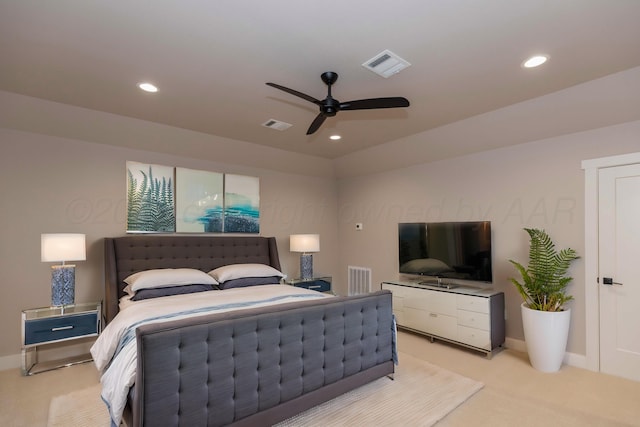 bedroom featuring recessed lighting, baseboards, visible vents, and light carpet