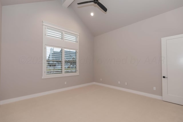 empty room with ceiling fan, light carpet, recessed lighting, baseboards, and vaulted ceiling with beams