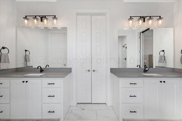 bathroom featuring vanity and a shower