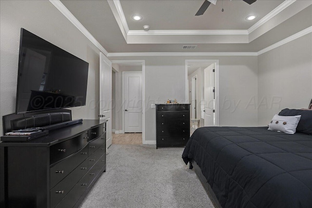 9109 Staten Island St, Amarillo, TX 79119 - bedroom with light colored carpet, ornamental molding, a tray ceiling, recessed lighting, and a ceiling fan