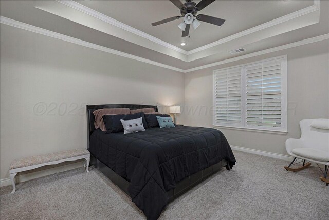 9109 Staten Island St, Amarillo, TX 79119 - bedroom with a raised ceiling, carpet floors, ornamental molding, and a ceiling fan
