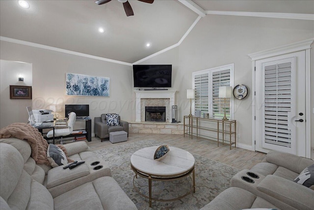 9109 Staten Island St, Amarillo, TX 79119 - living room featuring ceiling fan, wood finished floors, a fireplace, ornamental molding, and recessed lighting