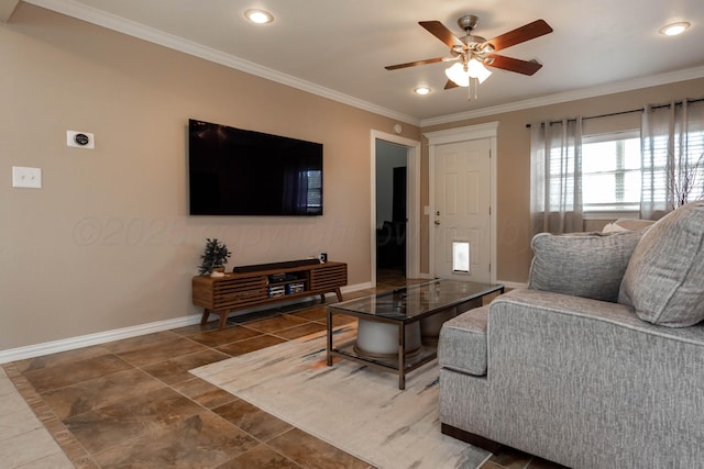 1107 Yucca Ave, Amarillo, TX 79108 - living area with a ceiling fan, baseboards, ornamental molding, recessed lighting, and tile patterned floors