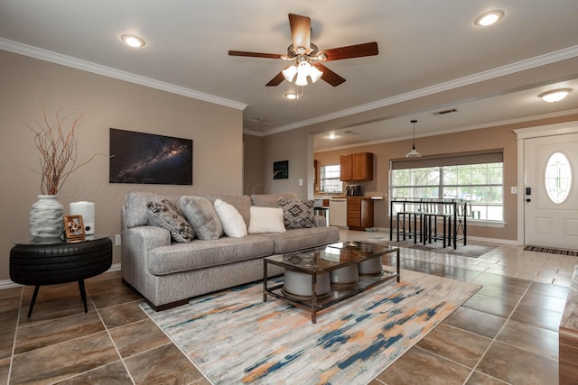 1107 Yucca Ave, Amarillo, TX 79108 - living room with a ceiling fan, baseboards, crown molding, and recessed lighting