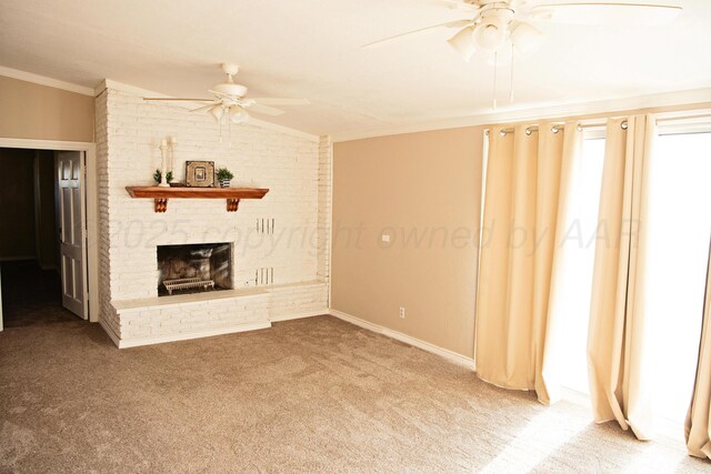 1215 S Main St, Hereford, TX 79045 - unfurnished living room with ceiling fan, carpet, crown molding, a brick fireplace, and vaulted ceiling