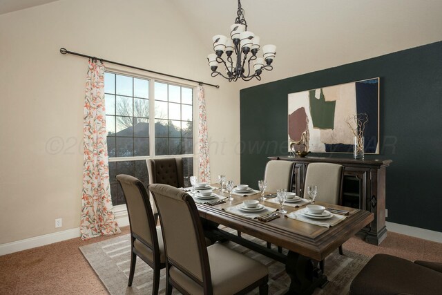 8620 Cortona Dr, Amarillo, TX 79119 - carpeted dining space featuring a chandelier, baseboards, and vaulted ceiling
