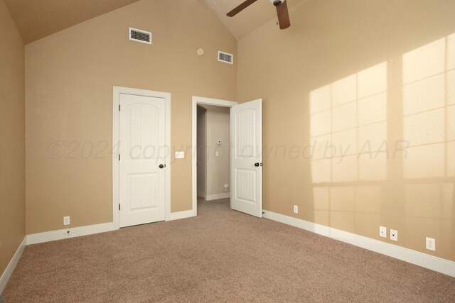 8620 Cortona Dr, Amarillo, TX 79119 - unfurnished bedroom with carpet floors, high vaulted ceiling, baseboards, and a ceiling fan