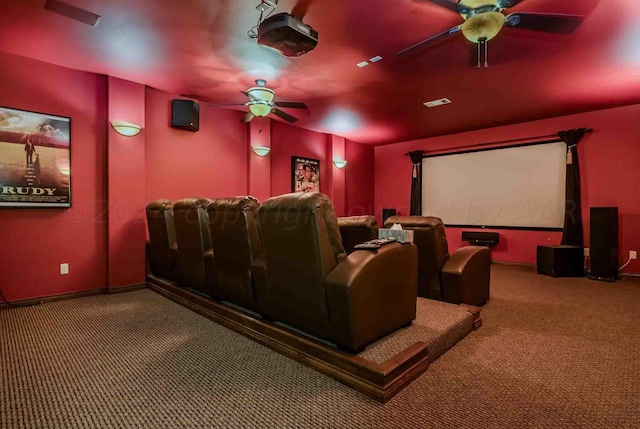 home theater featuring carpet flooring and ceiling fan