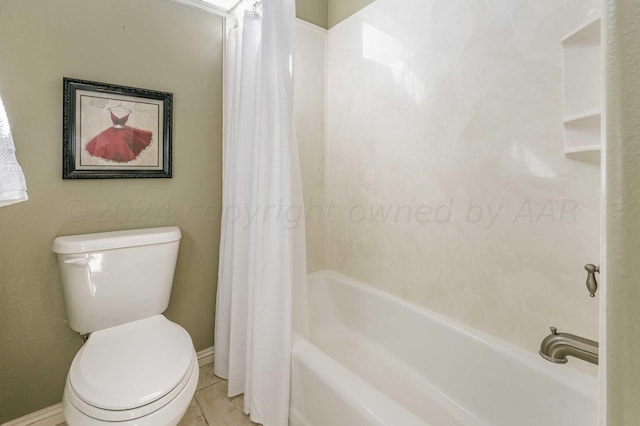 bathroom featuring tile patterned flooring, shower / bathtub combination with curtain, and toilet