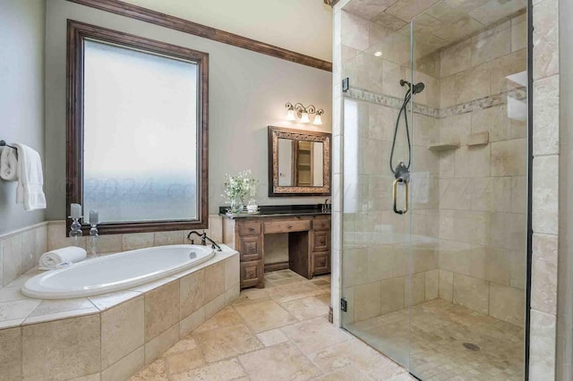 bathroom with independent shower and bath, vanity, and crown molding