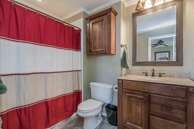 bathroom featuring toilet, vanity, ceiling fan, and crown molding