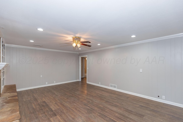 6710 Gainsborough Rd, Amarillo, TX 79106 - unfurnished living room with a ceiling fan, dark wood-style floors, recessed lighting, and ornamental molding