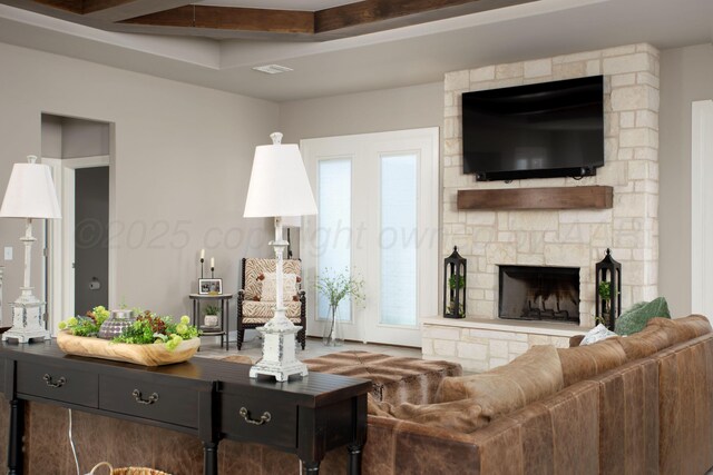 5708 Wesley Rd, Amarillo, TX 79119 - living room featuring a fireplace and beamed ceiling