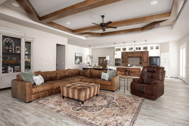 5708 Wesley Rd, Amarillo, TX 79119 - living area featuring light wood-style flooring, ceiling fan, beam ceiling, and recessed lighting