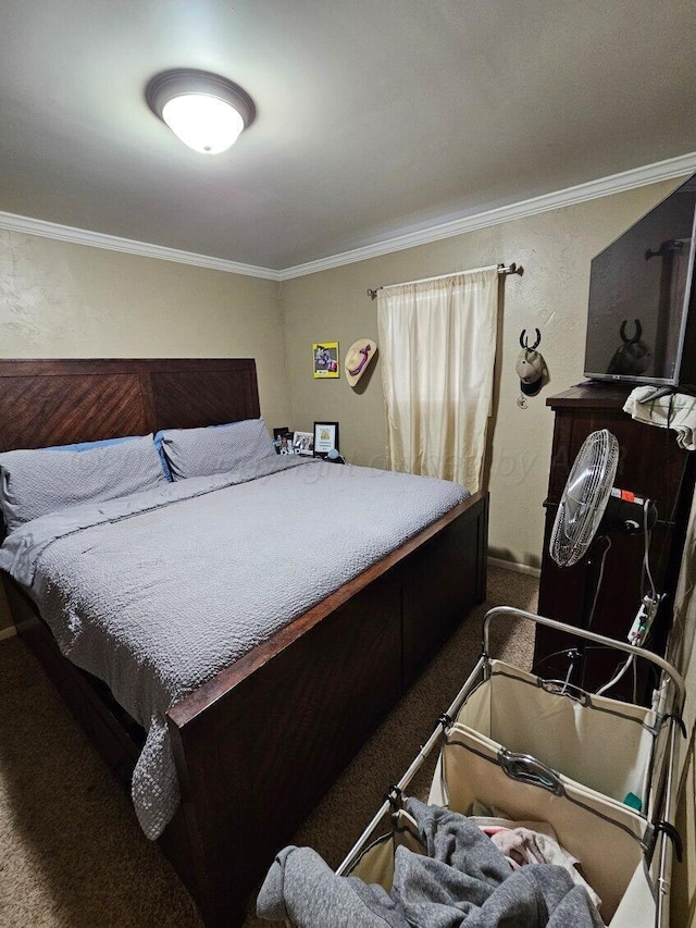 carpeted bedroom featuring ornamental molding