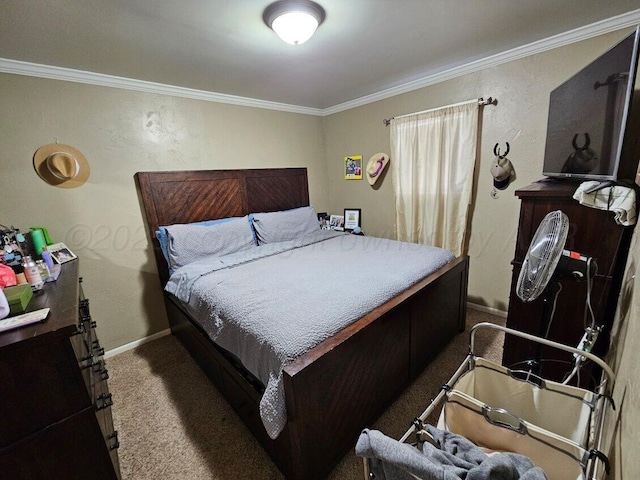 bedroom featuring crown molding, carpet floors, and baseboards