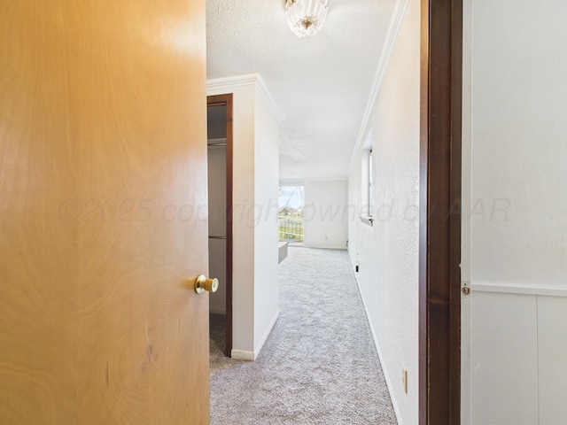 hall featuring baseboards, a textured ceiling, ornamental molding, and carpet floors