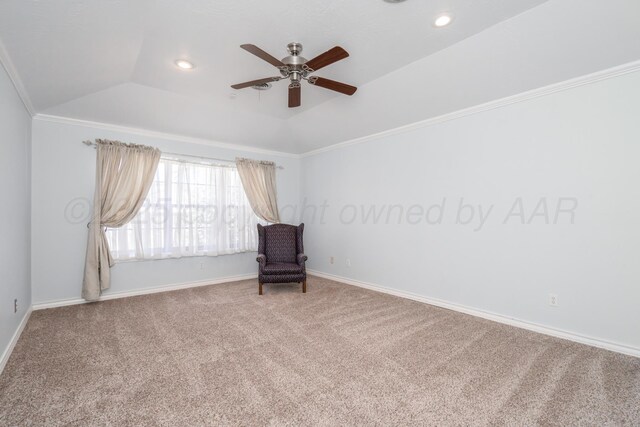 unfurnished room featuring baseboards, lofted ceiling, recessed lighting, ceiling fan, and carpet flooring